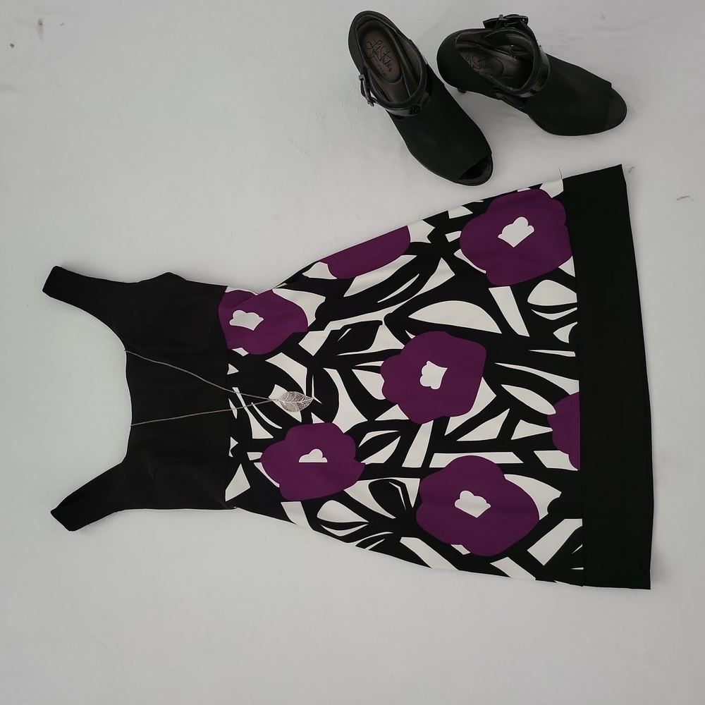 AGB Mini Dress, Size 14, Black/Purple/White, Sleeveless, On Trend Lenght